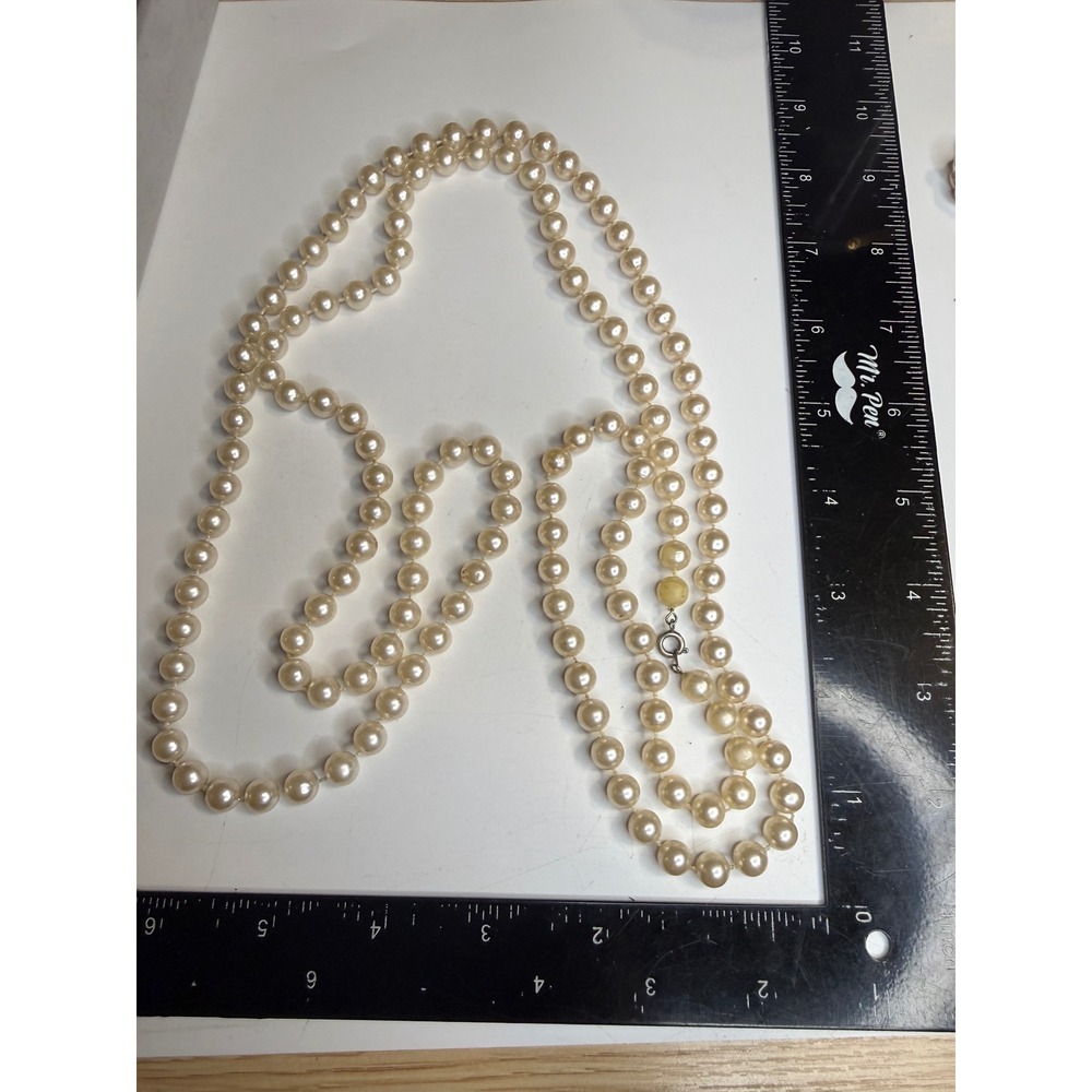 Vintage Hand Knotted Faux Pearl Necklace 60 Inch Long Cream Glass Bead Strand